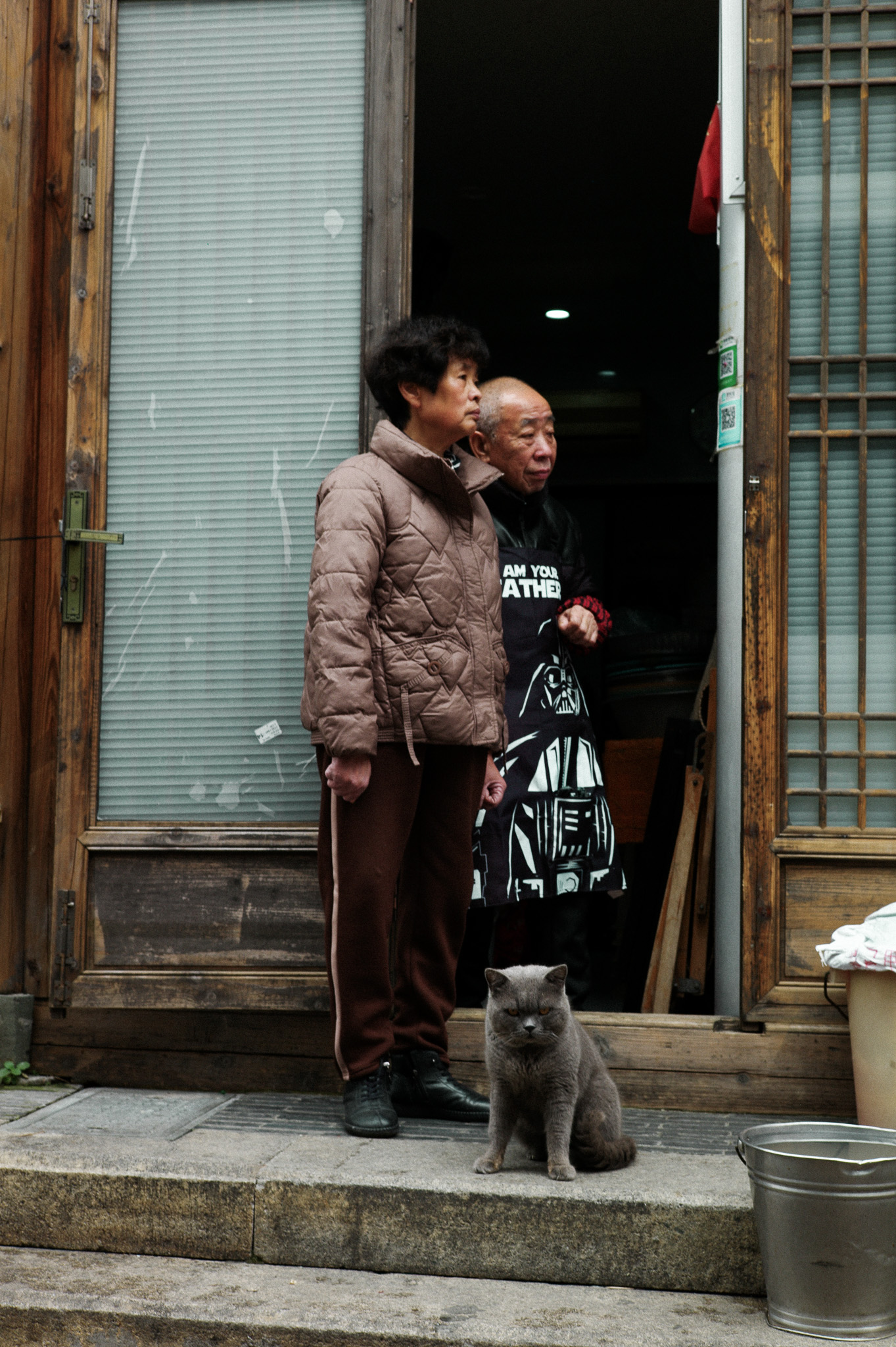 Two elderly people standing in a doorway looking out of the frame, a cat at their feet